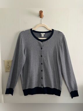 L.L. Bean Womens Sz L Quiet Luxury Old Money Navy Striped Knit Cardigan Preppy